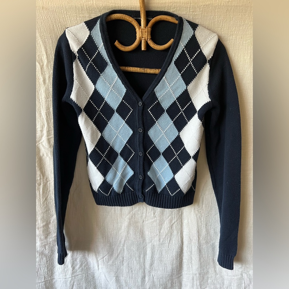 Brandy Melville Blue Argyle Cardigan Sweater - small